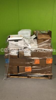 Pallet of Consumables Including Oxylitre Regulator Filters, Intersurgical CPAP Face Masks and Covidien Genius Tympanic Probe Covers