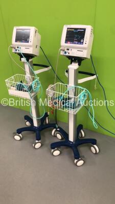 2 x Fukuda Denshi DS-7100 Patient Monitors on Stands with ECG/Resp,SpO2,NIBP,BP,Temp and Printer Options with 2 x BP Hoses,2 x BP Cuffs and 2 x ECG Leads (Both Power Up) * SN 50002662 / 50002676 * - 6