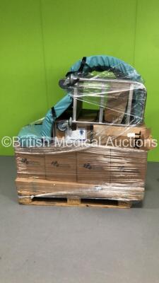 Pallet of Surgical Gowns with Stainless Steel Trolley and Mattress