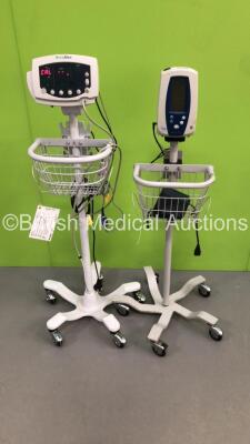 1 x Welch Allyn 53N00 Patient Monitor on Stand with 1 x BP Hose and 1 x SpO2 Finger Sensor and 1 x Welch Allyn Spot Vital Signs Monitor on Stand with 1 x BP Cuff (Both Power Up) * SN 200805428 / JA117423 *