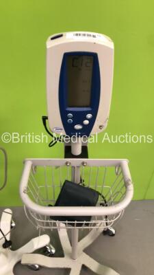 1 x Welch Allyn 53N00 Patient Monitor on Stand with 1 x BP Hose and 1 x SpO2 Finger Sensor and 1 x Welch Allyn Spot Vital Signs Monitor on Stand with 1 x BP Cuff (Both Power Up) * SN 200805428 / JA117423 * - 3