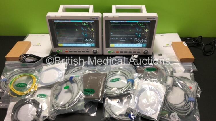 2 x EDAN iM60 Touch Screen Patient Monitors Including ECG, SpO2, NIBP, IBP1, IBP2, T1, T2 and CO2 Module Holder Options with 2 x Batteries, 2 x BP Hoses, 2 x BP Cuff, 2 x IBP Pressure Transducers, 2 x SpO2 Sensors, 2 x CO2 Sampling Lines, 2 x AC Power Cab