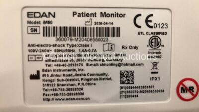 2 x EDAN iM60 Touch Screen Patient Monitors Including ECG, SpO2, NIBP, IBP1, IBP2, T1, T2 and CO2 Module Holder Options with 2 x Batteries, 2 x BP Hoses, 2 x BP Cuff, 2 x IBP Pressure Transducers, 2 x SpO2 Sensors, 2 x CO2 Sampling Lines, 2 x AC Power Cab - 4