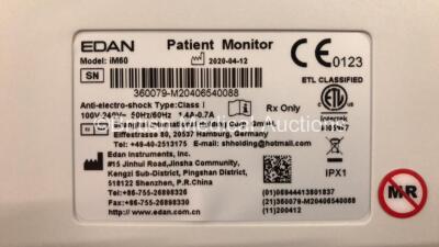 2 x EDAN iM60 Touch Screen Patient Monitors Including ECG, SpO2, NIBP, IBP1, IBP2, T1, T2 and CO2 Module Holder Options with 2 x Batteries, 2 x BP Hoses, 2 x BP Cuff, 2 x IBP Pressure Transducers, 2 x SpO2 Sensors, 2 x CO2 Sampling Lines, 2 x AC Power Cab - 4