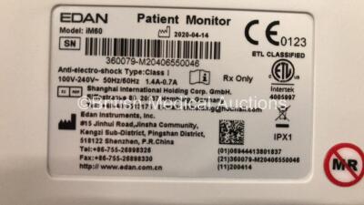 2 x EDAN iM60 Touch Screen Patient Monitors Including ECG, SpO2, NIBP, IBP1, IBP2, T1, T2 and CO2 Module Holder Options with 2 x Batteries, 2 x BP Hoses, 2 x BP Cuff, 2 x IBP Pressure Transducers, 2 x SpO2 Sensors, 2 x CO2 Sampling Lines, 2 x AC Power Cab - 4