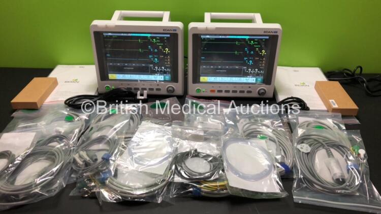 2 x EDAN iM60 Touch Screen Patient Monitors Including ECG, SpO2, NIBP, IBP1, IBP2, T1, T2 and CO2 Module Holder Options with 2 x Batteries, 2 x BP Hoses, 2 x BP Cuff, 2 x IBP Pressure Transducers, 2 x SpO2 Sensors, 2 x CO2 Sampling Lines, 2 x AC Power Cab