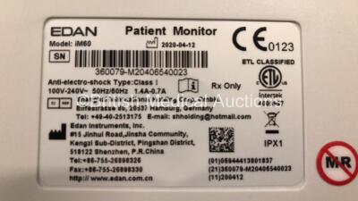 2 x EDAN iM60 Touch Screen Patient Monitors Including ECG, SpO2, NIBP, IBP1, IBP2, T1, T2 and CO2 Module Holder Options with 2 x Batteries, 2 x BP Hoses, 2 x BP Cuff, 2 x IBP Pressure Transducers, 2 x SpO2 Sensors, 2 x CO2 Sampling Lines, 2 x AC Power Cab - 4