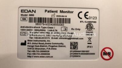 2 x EDAN iM60 Touch Screen Patient Monitors Including ECG, SpO2, NIBP, IBP1, IBP2, T1, T2 and CO2 Module Holder Options with 2 x Batteries, 2 x BP Hoses, 2 x BP Cuff, 2 x IBP Pressure Transducers, 2 x SpO2 Sensors, 2 x CO2 Sampling Lines, 2 x AC Power Cab - 4