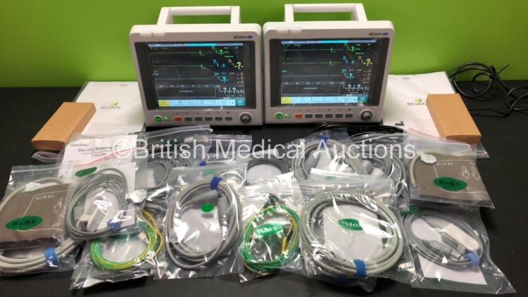 2 x EDAN iM60 Touch Screen Patient Monitors Including ECG, SpO2, NIBP, IBP1, IBP2, T1, T2 and CO2 Module Holder Options with 2 x Batteries, 2 x BP Hoses, 2 x BP Cuff, 2 x IBP Pressure Transducers, 2 x SpO2 Sensors, 2 x CO2 Sampling Lines, 2 x AC Power Cab