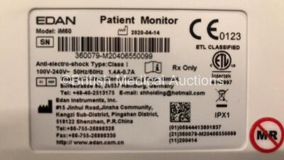 2 x EDAN iM60 Touch Screen Patient Monitors Including ECG, SpO2, NIBP, IBP1, IBP2, T1, T2 and CO2 Module Holder Options with 2 x Batteries, 2 x BP Hoses, 2 x BP Cuff, 2 x IBP Pressure Transducers, 2 x SpO2 Sensors, 2 x CO2 Sampling Lines, 2 x AC Power Cab - 4