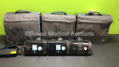 3 x ResMed Airsense 10 Autoset CPAP Units with 2 x AC Power Supplies and 3 x ResMed Carry Bags (All Power Up)