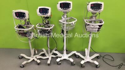 4 x Welch Allyn 53NT0 Patient Monitors on Stands with 4 x BP Hoses,4 x BP Cuffs and 3 x SpO2 Finger Sensors (All Power Up) * SN JA057788 / JA054205 / JA105510 / JA125160 *