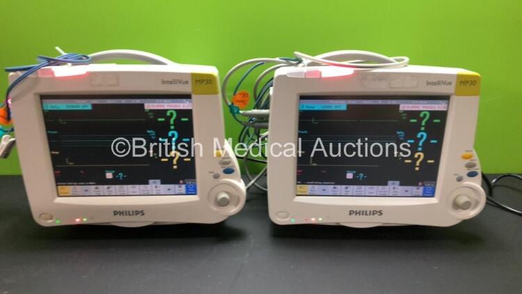 2 x Philips IntelliVue MP30 Patient Monitors *Mfds Both 2005-11* 2 x Philips M3001A Modules Including ECG/RESP, SPO2 and NBP Options *Mfds - 09/2011 and 11/2011* with 2 x SpO2 Leads with Sensors and 1 x NBP Lead (Both Power Up)