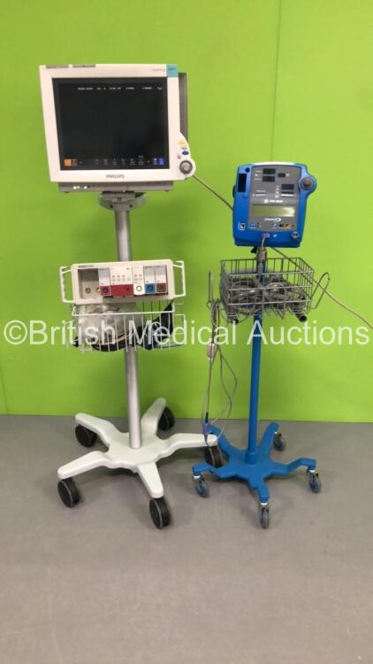 1 x Philips IntelliVue MP70 Patient Monitor on Stand * Mfd 2011 * and 1 x GE Pro 400V2 Patient Monitor on Stand with 1 x SpO2 Finger Sensor and 1 x BP Hose (Both Power Up)