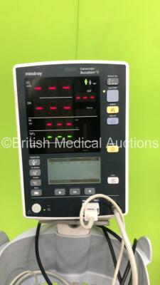 4 x Mindray Datascope Accutorr V Vital Signs Monitor on Stands (All Power Up - All Damaged - 1 x Missing Cover - 1 x Not Attached to Stand Due to Broken Clip) *S/N A7522787C3 / A7514854l1 / A7618980G2 / A7508527L0* - 3