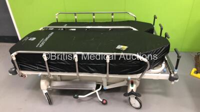 2 x Huntleigh Lifeguard Hydraulic Patient Trolleys with 3 x Mattresses (Hydraulics Tested Working)