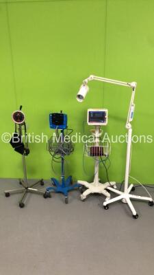 Mixed Lot Including 1 x Philips SureSigns VM4 Patient Monitor on Stand with 1 x SpO2 Finger Sensor and 1 x BP Cuff,1 x GE Carescape V100 Patient Monitor on Stand with 1 x BP Hose,1 x Speidel & Keller BP Meter on Stand and 1 x Luxo Patient Examination Ligh