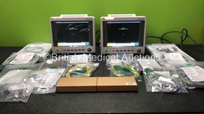 2 x EDAN iM60 Touch Screen Patient Monitors Including ECG, SpO2, NIBP, IBP1, IBP2, T1, T2 and CO2 Module Holder Options with 2 x Batteries, 2 x BP Hoses, 2 x BP Cuff, 2 x IBP Pressure Transducers, 2 x SpO2 Sensors, 2 x CO2 Sampling Lines, 2 x AC Power Ca