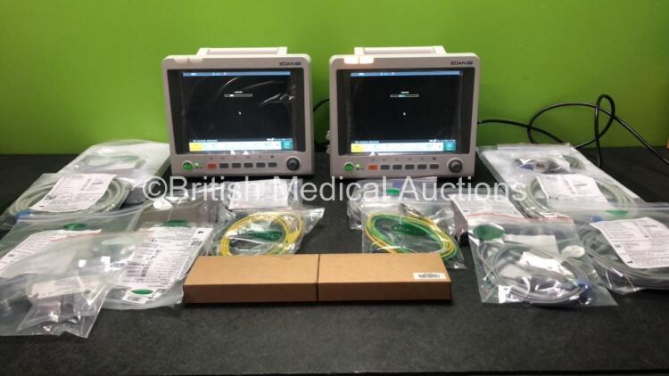 2 x EDAN iM60 Touch Screen Patient Monitors Including ECG, SpO2, NIBP, IBP1, IBP2, T1, T2 and CO2 Module Holder Options with 2 x Batteries, 2 x BP Hoses, 2 x BP Cuff, 2 x IBP Pressure Transducers, 2 x SpO2 Sensors, 2 x CO2 Sampling Lines, 2 x AC Power Ca