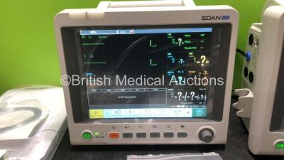 2 x EDAN iM60 Touch Screen Patient Monitors Including ECG, SpO2, NIBP, IBP1, IBP2, T1, T2 and CO2 Module Holder Options with 2 x Batteries, 2 x BP Hoses, 2 x BP Cuff, 2 x IBP Pressure Transducers, 2 x SpO2 Sensors, 2 x CO2 Sampling Lines, 2 x AC Power Ca - 2