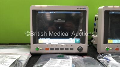 2 x EDAN iM60 Touch Screen Patient Monitors Including ECG, SpO2, NIBP, IBP1, IBP2, T1, T2 and CO2 Module Holder Options with 2 x Batteries, 2 x BP Hoses, 2 x BP Cuff, 2 x IBP Pressure Transducers, 2 x SpO2 Sensors, 2 x CO2 Sampling Lines, 2 x AC Power Ca - 2