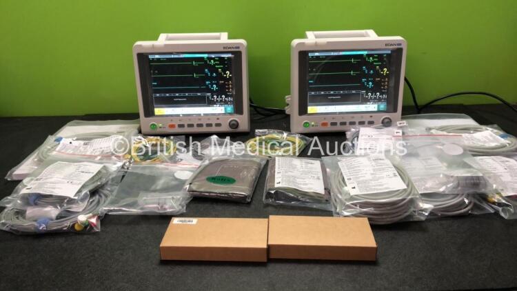 2 x EDAN iM60 Touch Screen Patient Monitors Including ECG, SpO2, NIBP, IBP1, IBP2, T1, T2 and CO2 Module Holder Options with 2 x Batteries, 2 x BP Hoses, 2 x BP Cuff, 2 x IBP Pressure Transducers, 2 x SpO2 Sensors, 2 x CO2 Sampling Lines, 2 x AC Power Ca