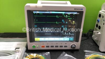 2 x EDAN iM60 Touch Screen Patient Monitors Including ECG, SpO2, NIBP, IBP1, IBP2, T1, T2 and CO2 Module Holder Options with 2 x Batteries, 2 x BP Hoses, 2 x BP Cuff, 2 x IBP Pressure Transducers, 2 x SpO2 Sensors, 2 x CO2 Sampling Lines, 2 x AC Power Ca - 2