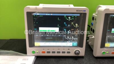 2 x EDAN iM60 Touch Screen Patient Monitors Including ECG, SpO2, NIBP, IBP1, IBP2, T1, T2 and CO2 Module Holder Options with 2 x Batteries, 2 x BP Hoses, 2 x BP Cuff, 2 x IBP Pressure Transducers, 2 x SpO2 Sensors, 2 x CO2 Sampling Lines, 2 x AC Power Ca - 3