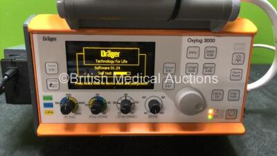 Drager Oxylog 3000 Transport Ventilator Software 01.24 Version with 1 x AC Power Supply and 1 x Hose (Powers Up) *Mfd 2008* - 2