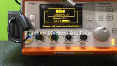 Drager Oxylog 3000 Transport Ventilator Software Version 01.24 with 1 x AC Power Supply and 1 x Hose (Powers Up) *Mfd 2008* - 2