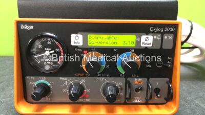 Drager Oxylog 2000 Ventilator Software Version 3.10 with 1 x Hose and 1 x AC Power Supply (Powers Up) *SN SRZH-0076* - 2