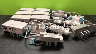 Job Lot of Philips Patient Monitoring Accessories Including 7 x Philips M8023A Modules, 9 x Philips M8040-60101 Clamps, 9 x Philips M3081-61626 Connection Cables