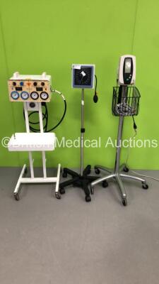 1 x Anetic Aid APT MK 3 Tourniquet with Hoses, 1 x Welch Allyn 420 Series Patient Monitor on Stand with BP Hose (Powers Up with C12 Displayed) and 1 x Blood Pressure Meter on Stand with Hose *S/N AA6193 / 200201680*