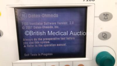 Datex-Ohmeda Aespire Anaesthesia Machine with Datex-Ohmeda 7100 Ventilator Software Version 2.0 with Datex-Ohmeda Carescape B650 Monitor with E-CAiO Gas Module with D-Fend Water Trap, Bellows, Absorber and Hoses (Powers Up) *S/N AMX11370517WA / FS0205195 - 2