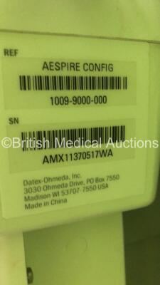Datex-Ohmeda Aespire Anaesthesia Machine with Datex-Ohmeda 7100 Ventilator Software Version 2.0 with Datex-Ohmeda Carescape B650 Monitor with E-CAiO Gas Module with D-Fend Water Trap, Bellows, Absorber and Hoses (Powers Up) *S/N AMX11370517WA / FS0205195 - 11