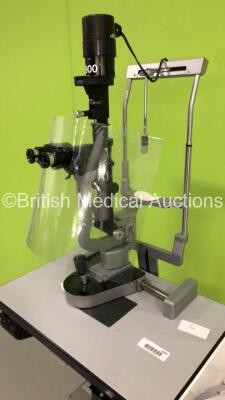 Haag Streit Bern SL900 Slit Lamp on Table with 2 x 10x Eyepieces and 2 x 16x Eyepieces (Power Supply Not Drawing Power - Table Missing 2 x Wheels - Skate Not Included) *S/N 90028279* - 6