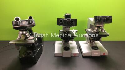 3 x Bench Microscopes Including 2 x Leitz and 1 x GS (Powers Up) with 6 x Optics (See Photos for Refs.)