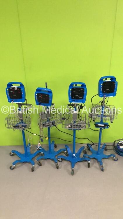 4 x GE ProCare Patient Monitors on Stands with 4 x SpO2 Finger Sensors (2 x Power Up,2 x No Power)