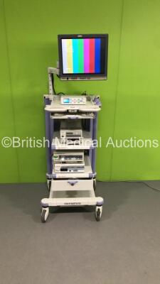 Olympus Stack Trolley Including Olympus OEV191 Monitor,Medicapture MediCap USB200 Unit,Olympus OES CLV-S30 Light Source Unit,Olympus Visera OTV-S7 Digital Processor and Sony Color Video Printer UP-21MD (Powers Up)