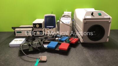 Mixed Lot Including 1 x Oxicom 2100 Whole Blood Oximeter (Powers Up) 2 x Radiometer TCC3 Calibration Devices, 1 x Welch Allyn Spot Vital Signs LXi Monitor (Untested Due to Missing Battery-See Photo) 1 x FMS Footswitches, 1 x KanMed Warm Cloud Controller, 