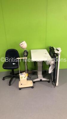 Mixed Lot Including 1 x Skytron Patient Examination Light on Stand,1 x Therapy Equipment Ltd Suction Unit,1 x Office Chair,1 x Topcon ATE-600 Motorized Table and 1 x Seca Roll On Weighing Scales