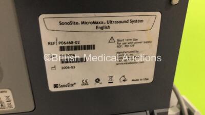 SonoSite MicroMaxx Portable Ultrasound Scanner Ref P06468-02 *S/N 035VZW * **Mfd 03/2006 ** Boot Version 30.80.302.021 ARM Version 30.80.306.019 with 1 x Transducer / Probe (HFL38/13-6MHz Ref P05697-10 *Mfd 03/2006*) on SonoSite Docking Cart (Powers Up) - 7