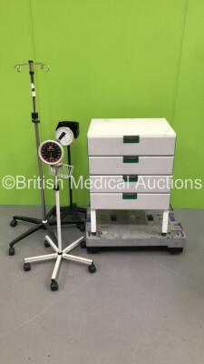 Mixed Lot Including 1 x Drip Stand,1 x Accoson BP Meter on Stand * 1 x Missing Wheel *,1 x Speidel & Keller BP Meter on Stand and 1 x Cabinet with Drawers * Skate Not Included *