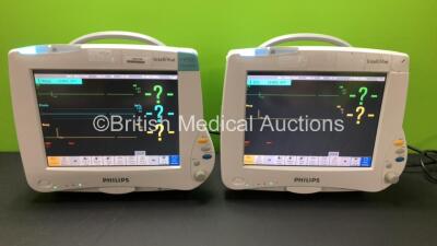 2 x Philips IntelliVue MP50 Patient Monitors (Both Power Up with Some Missing Casing - See Photos) with 2 x M3001A Modules Including Press-Temp, NBP, SpO2 and ECG-Resp Options *Mfd 2008 - 2004*