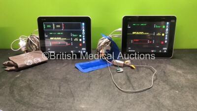 2 x Spacelabs Qube Model 91390 Touch Screen Compact Bedside Monitors Including ECG, SpO2, T1-2, NIBP, hlo 1 and hlo 2 Options, 2 x BP Hoses, 2 x BP Cuffs, 2 x 3 Lead ECG Leads and 2 x SpO2 Finger Sensors (Both Power Up) *Mfd 03-2018, 03-2019* *SN 13901207