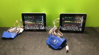 2 x Spacelabs Qube Model 91390 Touch Screen Compact Bedside Monitors Including ECG, SpO2, T1-2, NIBP, hlo 1 and hlo 2 Options, 2 x BP Hoses, 2 x BP Cuffs, 2 x 3 Lead ECG Leads and 2 x SpO2 Finger Sensors (Both Power Up) *Mfd 03-2018, 03-2018* *SN139012078