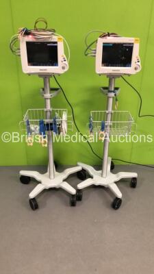 2 x Philips IntelliVue MP30 Patient Monitors Ref 862135 * 1 x Tag Missing * on Stands with 2 x Philips M3001A Patient Modules with Press/Temp,NBP,SpO2 and ECG/Resp Options * Mfd 2018 / 2014 *,2 x BP Hoses,2 x SpO2 Finger Sensors and 2 x 3-Lead ECG Leads (