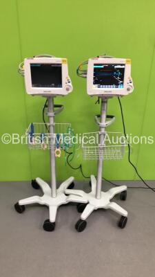 2 x Philips IntelliVue MP30 Patient Monitors Ref 862135 on Stands with 2 x Philips M3001A Patient Modules with Press/Temp,NBP,SpO2 and ECG/Resp Options * Mfd 2012 / 2006 *,2 x BP Hoses,2 x SpO2 Finger Sensors and 2 x 3-Lead ECG Leads (Both Power Up) * SN - 2