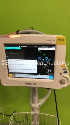 2 x Philips IntelliVue MP30 Patient Monitors Ref 862135 on Stands with 2 x Philips M3001A Patient Modules with Press/Temp,NBP,SpO2 and ECG/Resp Options * Mfd 2012 / 2006 *,2 x BP Hoses,2 x SpO2 Finger Sensors and 2 x 3-Lead ECG Leads (Both Power Up) * SN - 3