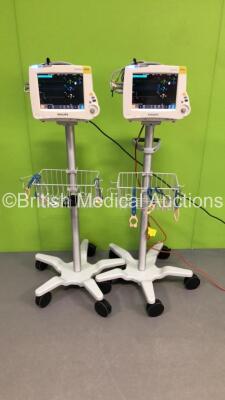 2 x Philips IntelliVue MP30 Patient Monitors Ref 862135 on Stands with 2 x Philips M3001A Patient Modules with Press/Temp,NBP,SpO2 and ECG/Resp Options * Mfd 2019 / 2013 *,2 x BP Hoses,2 x SpO2 Finger Sensors and 2 x 3-Lead ECG Leads (Both Power Up-Both C